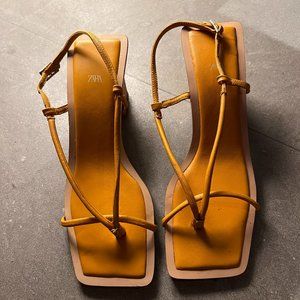 Zara Heeled Leather Square Sandals - Mustard Yellow - Size 8
